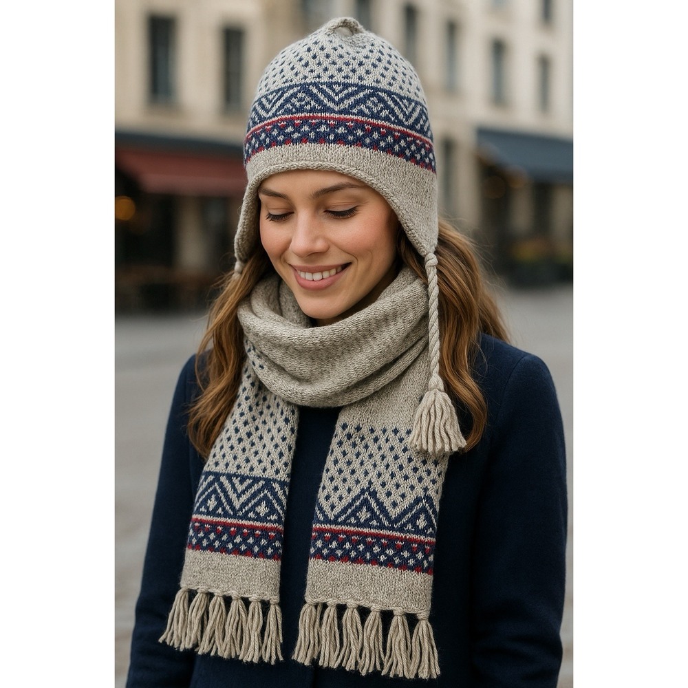 Nordic Knit Hat Scarf Set One Size Ramie Wool Lined Ear Flap Tassels Fringe